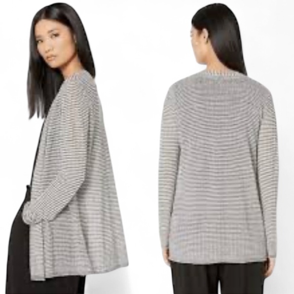Eileen Fisher Fine Organic Linen Crepe Knit Simple Striped Cardigan Sweater Sz M - Picture 3 of 11